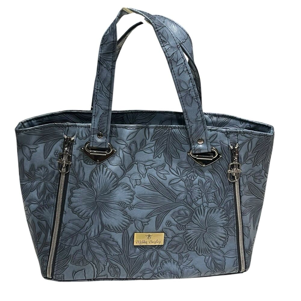 Melba Beisley Handcrafted Rudeneja Handbag Indigo Embossed Faux Leather Bee Zip
